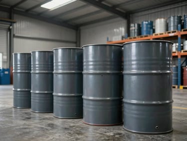 Wide shot of large industrial lubricant drums stacked in a warehouse facility, cool overhead lighting, concrete floor, metal racking in background