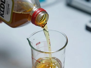 Overhead macro view of engine oil pouring from a retail bottle into a glass measuring cylinder on a clean lab bench, cool white lighting, oil sheen visible