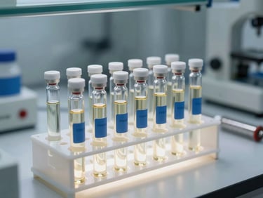 Close-up of laboratory testing apparatus with glass vials of engine oil samples in a rack, controlled cool white lighting, blue-labeled sample tags, precision measurement tools visible on bench