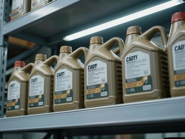 Overhead close-up of automotive engine oil product containers aligned on a warehouse shelf, cool fluorescent industrial lighting, blue-tinted steel shelving, technical label detail visible