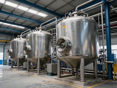 Wide interior of an industrial lubricant facility, large stainless mixing vessels and pipework under cool daylight from skylights, blue-steel structural elements, no personnel visible
