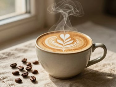 A beautifully poured latte with intricate latte art in a ceramic cup, warm steam rising, roasted coffee beans on a soft cream linen surface