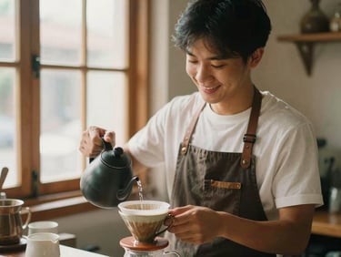 A warm portrait of a young Vietnamese barista smiling gently while pouring water into a ceramic dripper, soft natural window light, organic earthy tones, 35mm film style
