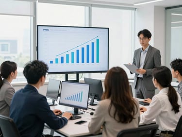 PNG business team collaborating in a modern office, digital screens showing growth charts, bright natural light, medium shot.