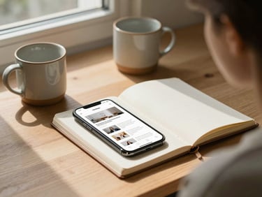 A warm, sunlit workspace with ceramic mugs and a linen notebook, an iPhone on the side displaying a clean newsletter layout, soft window light, over-the-shoulder perspective.