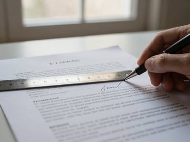 Detail shot of a signed contract page with date stamps and initials, a ruler aligning text on a printed legal document, north-facing window light, minimal desk surface