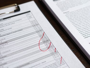 Close-up of a bank statement with red-circled figures and a legal brief open beside it, sharp overhead light, dark desk surface, organized and deliberate