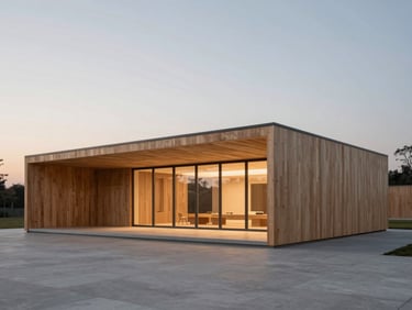 Wide architectural shot of a modern timber-clad pavilion at dusk, soft warm ambient light glowing from within, clean lines, serene negative space, medium format.