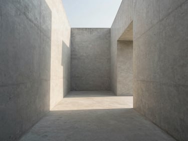 Straight-on symmetrical architectural shot of a raw concrete corridor, soft morning daylight casting long geometric shadows, minimalist, Hasselblad medium format