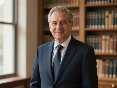 Dignified corporate portrait of a senior male attorney, warm natural lighting, deep navy suit, blurred library background