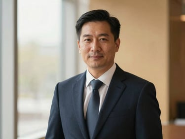 Dignified corporate portrait of a male attorney, warm editorial style, shallow depth of field, professional setting
