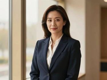 Dignified corporate portrait of a female attorney, soft window light, professional attire, elegant corporate portraiture