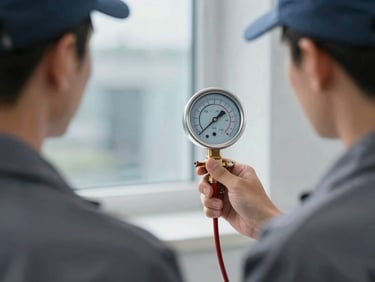 Over-the-shoulder action shot of a certified HVAC technician analyzing a digital manifold gauge showing pressure readings under crisp indoor work light, cool blue tones, sharp focus.