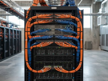Immaculate enterprise server rack with perfectly combed orange and blue Cat6 cabling, sharp industrial focus, cool slate background, high depth of field.