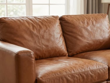Close-up of a luxurious modern leather sofa in a bright, airy living room, rich tobacco-brown leather texture, warm natural window light, shallow depth of field.