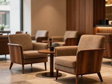 Elegant hotel lobby lounge area, mid-century modern armchairs, warm amber lighting, rich wood grain.