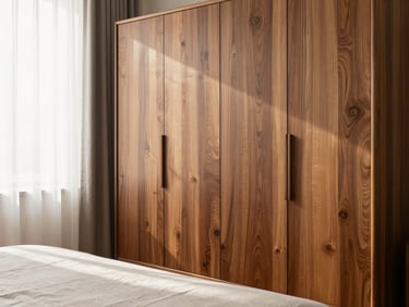 A modern minimalist bedroom featuring a rich walnut wood wardrobe and matching bed frame, warm morning light