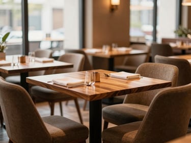 Staged restaurant dining room, solid wood tables and upholstered chairs, upscale hospitality setting.