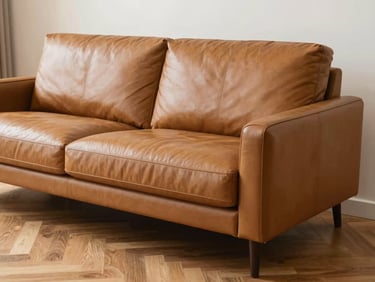 A luxurious tan leather sofa in a bright, minimalist living room, warm daylight, elegant wood grain flooring