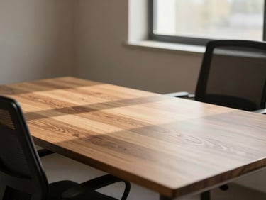 Close-up of a modern minimalist office workstation, clean wooden desk, ergonomic chair, soft natural window light.