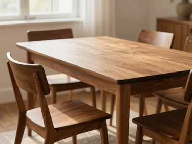 A solid teak wood dining table with elegant mid-century chairs, soft window light casting gentle shadows