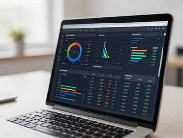 Close-up of a laptop screen displaying complex analytics dashboard with charts and data, natural daylight, crisp focus