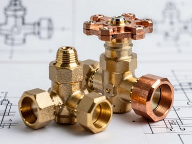 Macro studio shot of heavy-duty brass valves and copper fittings, clean industrial lighting, drafting blueprint background.
