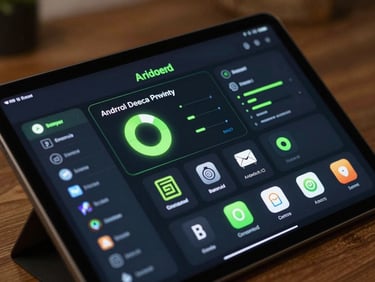 Extreme close-up of a modern Android tablet displaying a complex dark-mode system dashboard, glowing neon green accents on the UI, ambient screen-lit background, sharp focus on screen pixels.