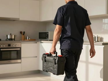 A clean, modern kitchen interior in Abu Dhabi, a professional technician in a neat dark uniform carrying a structured tool case, warm natural light