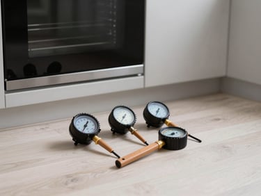 A clean toolkit with calibrated digital meters resting on a pristine kitchen floor next to a built-in oven.