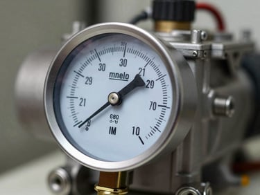 Close-up of a digital manifold gauge measuring pressure on a premium refrigerator compressor line, bright task lighting.