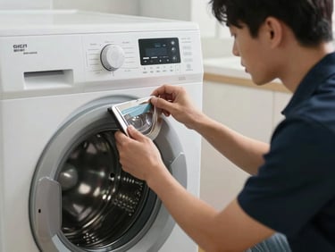 A technician calibrating the digital control panel of a modern front-load washing machine, focused task lighting.