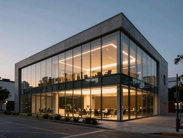 Cinematic landscape. A modern, minimalist corporate office in Mexico City at dusk, sharp architectural lines, subtle golden interior lighting visible through glass walls.