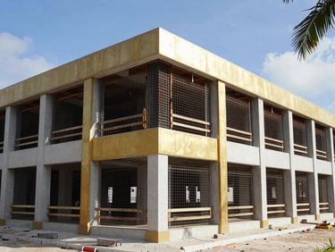 A structural government-approved school building under construction in Guyana, showing the steel mesh core of 3D panels