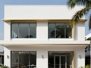 Completed two-story commercial office building in Georgetown, clean white facade, minimalist modern design, 35mm