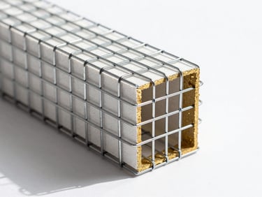 Macro architectural shot of 3D panel steel wire mesh wrapping a structural EPS core, high-contrast studio lighting, gold accents, crisp structural details, 35mm