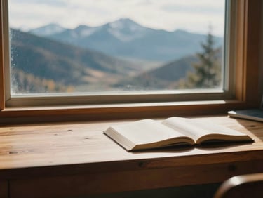 Wide panoramic shot of a quiet mountain workspace in McCall, Idaho, with a clean wooden desk, open books, and soft morning sunlight streaming through a window, warm editorial photography style