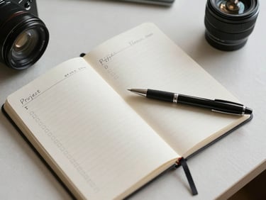 Tight overhead shot of a notebook open to a handwritten project timeline with dates and checkboxes, a pen resting across the page, on a pale linen desk surface, soft diffused daylight