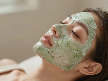 Close-up of precise hands applying a botanical mask to clean skin, soft-focus background, warm natural lighting