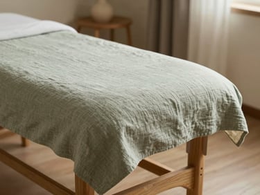 Textured linen sheets draped over a wooden massage table in a quiet, softly lit treatment room