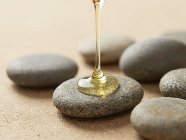 Close-up of warm herbal oil dripping slowly onto smooth basalt stones, soft diffused morning light, warm sand tones