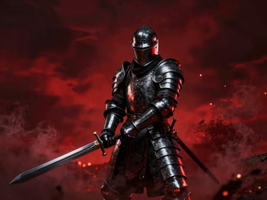 A fierce warrior in hammered black steel armor, clutching a heavy broadsword under a blood-red sky, dramatic smoke.