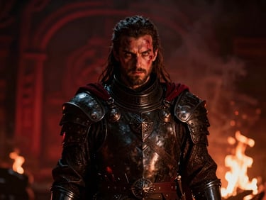 A battle-worn king in dark obsidian armor, firelight illuminating a scarred face and cold amber eyes, cinematic 35mm.