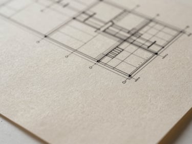 Close-up of heavy-weight textured paper document with fine architectural blueprints or technical lines