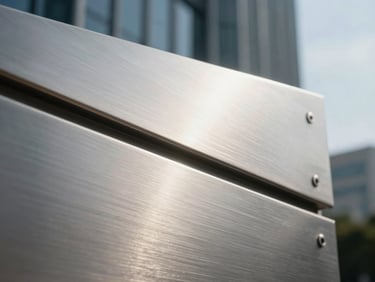 Extreme close-up of brushed titanium paneling, clean geometric lines, cool metropolitan daylight