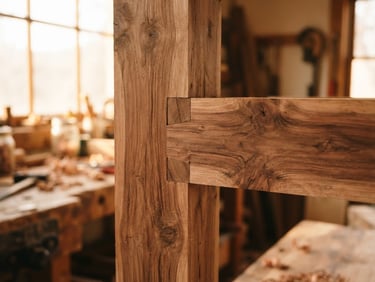 Warm editorial close-up of precise carpentry joinery, clean wood grain, soft natural light, earthy terracotta tones, sharp focus, 35mm lens