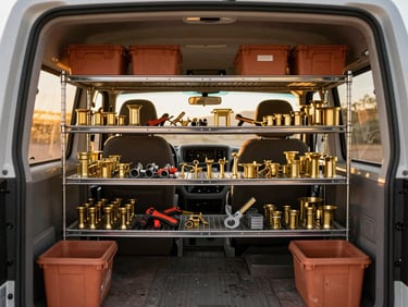 Straight-on shot of an organized commercial service vehicle interior, clean metal shelving stocked with brass hardware and hand tools, warm natural window light, 35mm lens.