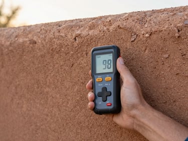 Close-up of a hand holding a high-end digital moisture meter against an adobe wall, diagnostic readout visible, soft afternoon sunlight, 35mm lens.