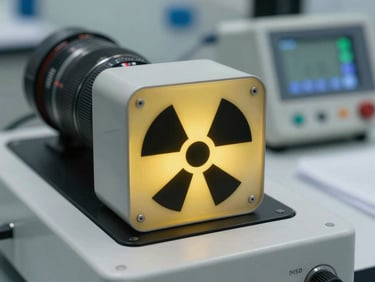 Close-up macro shot of a radiation QA phantom and a digital dosimetry meter on a clean laboratory bench, soft clinical daylight.