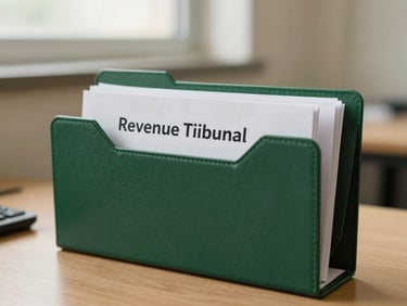 An environmental medium shot of a professional legal document folder labeled Revenue Tribunal on a structured office desk, soft side lighting